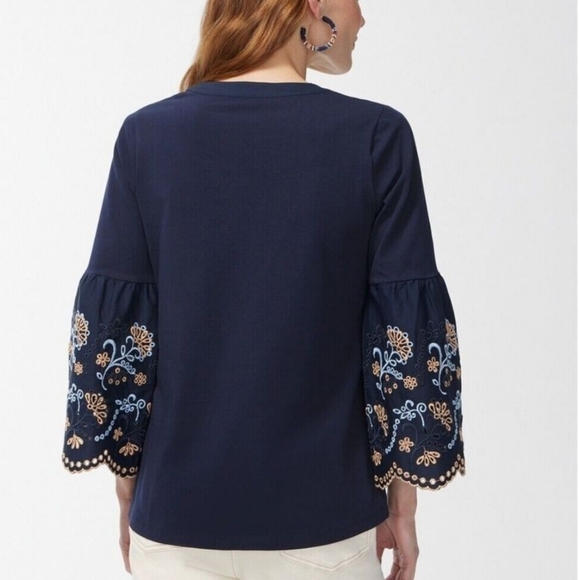 Chico's, Navy Blue Notch Neck Embroidered Eyelet Bell Sleeve Top, Size Large 2 - Picture 10 of 11